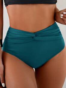 SHEIN Swim 女性夏季海灘純色扭結高腰比基尼下著 - 水鴨藍 - 查看 5