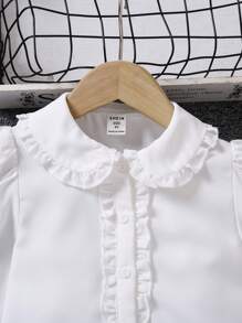 SHEIN 年輕女孩1件白色荷葉邊泡泡袖襯衫，返校季、大學風格、日常穿著 - 白色 - 查看 3