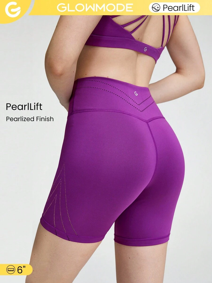 GLOWMODE 6" PearlLift Tummy Control Laser-Cut Biker Shorts Light Support Yoga Pilates Studio Gym Daily Casual - Purple - View 1