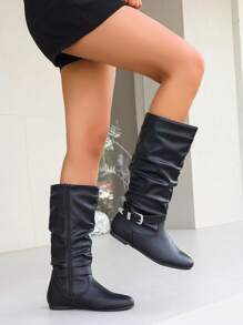 2025年秋冬黑色折叠织带扣侧拉链圆头百搭新款休闲舒适通勤日常时尚平底女靴 - 黑色 - 查看 5