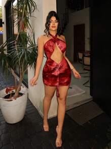 SHEIN SXY Sexy Marble Printed Ruffle Cut Out Bodycon Mini Halter Dress Summer Holiday Vacation Beach Casual Fairy Flowy Boho Birthday Bachelorette Party Women Outfit