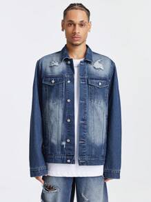 Chillumni Men's Deep Blue Ripped Denim Streetwear Set