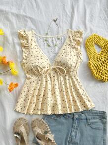 Soleia 女士夏季度假休闲返校聚会可爱午餐休闲打结前 V 领针织小花卉图案纹理面料 T 恤