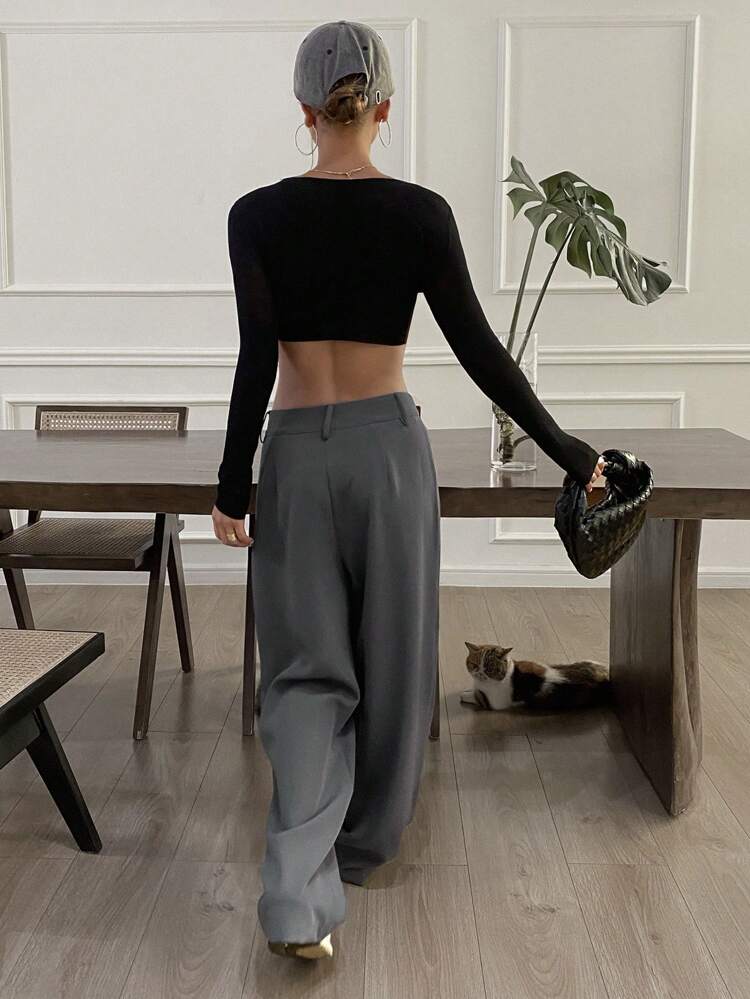 Casual Solid Color High Waist Wide Leg Straight Pants,Ladies Spring/Fall Casual Plicated,Pocket,Zipper Natural Straight Leg Long Dark Grey Regular Fit Women Pants,Casual Daily Wear,Women Dress Pants,Back To School Clothes