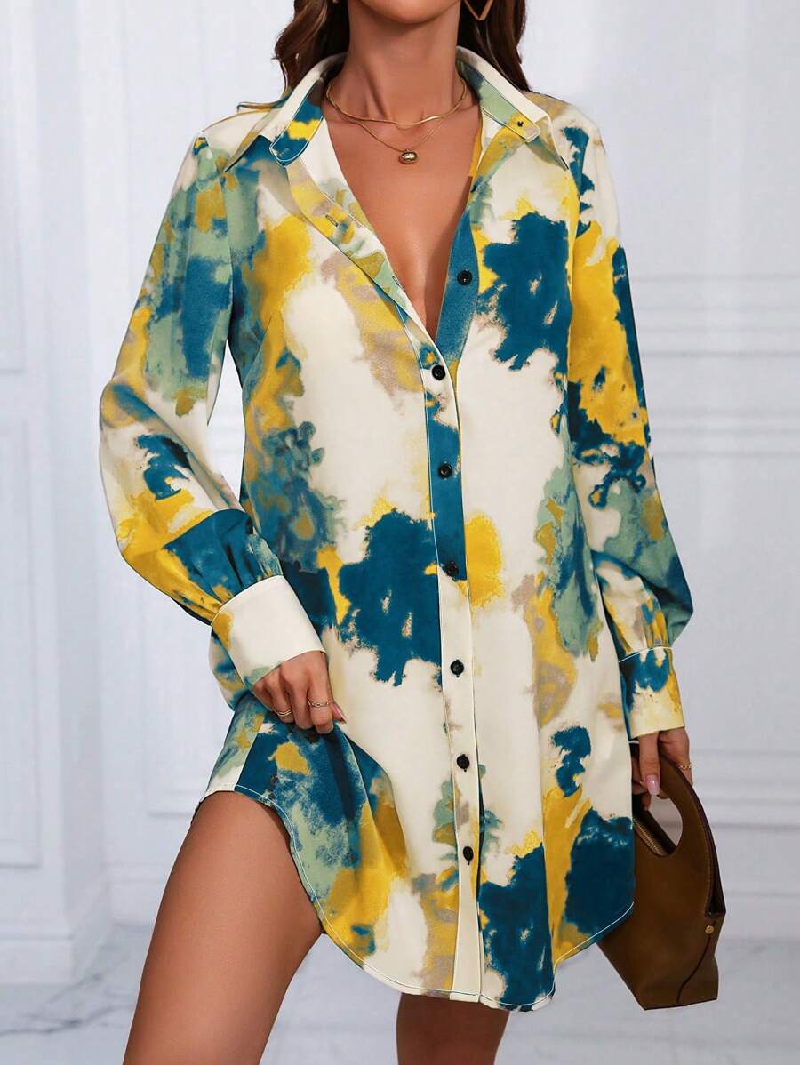 SHEIN LUNE Phụ nữ thường ngày mặc hàng ngày ombre Đầm dài tay xuân hè - Nhiều màu - Xem 1