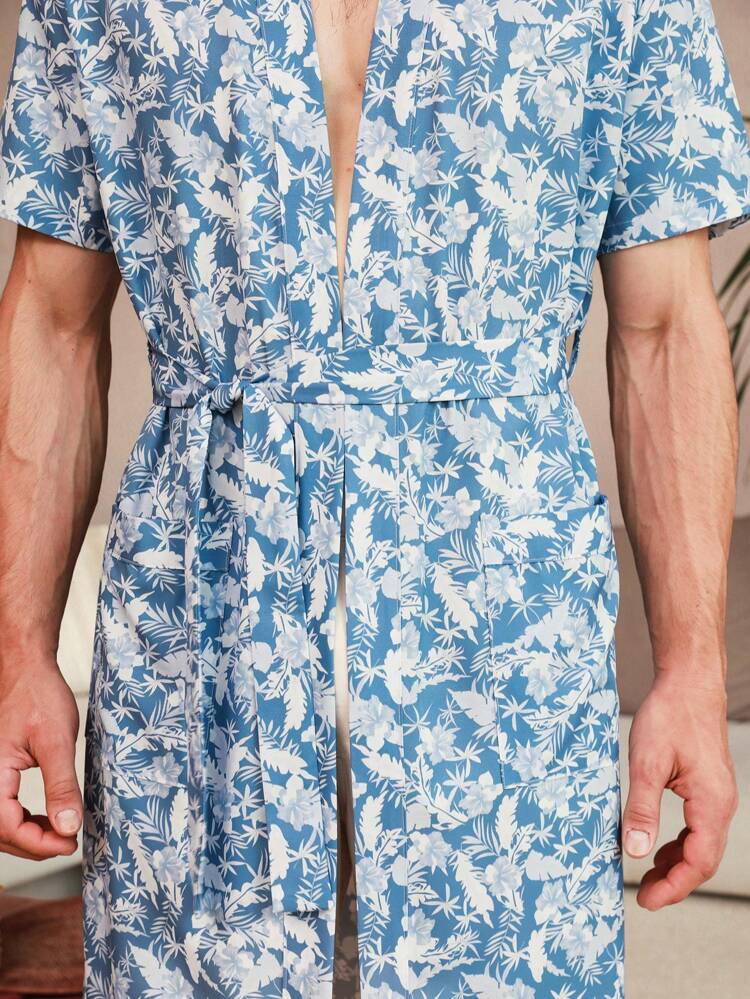 Men's Tropical Plant Printed Short Sleeve Long Home Pajamas, Vacation Style