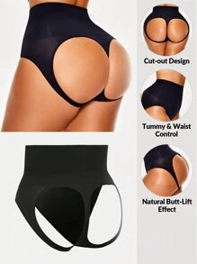 SHAPORA 大尺碼純色無縫中空塑身內褲 - 黑色 - 查看 1