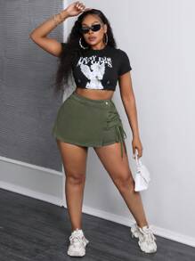 SHEIN SXY Plus Size Elastic Army Green Belted Skirted Pants - Army Green - View 6