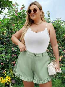 SHEIN Clasi Plus High Waist Ruffle Hem Shorts - Army Green - View 1