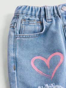 SHEIN Young Girl Distressed Straight Leg Jeans In Washed Blue, Y2K Pink Heart Print - Light Wash - View 3