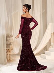 Faeriesty Vestido de noche elegante de sirena con hombros descubiertos, mangas transparentes y adornos de lentejuelas de FAERIESTY - Ideal para galas de noche, atuendos de invitados a bodas, eventos de alfombra roja y fiestas de lujo
