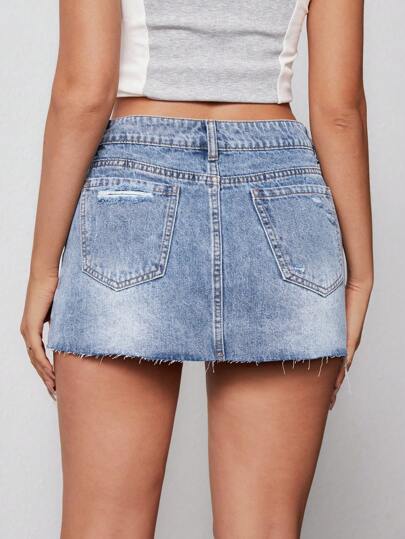 SHEIN EZwear 夏季破洞下摆牛仔迷你裙