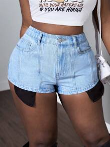 SHEIN Slayr 高腰對比色丹寧短褲 - 藍色 - 查看 4