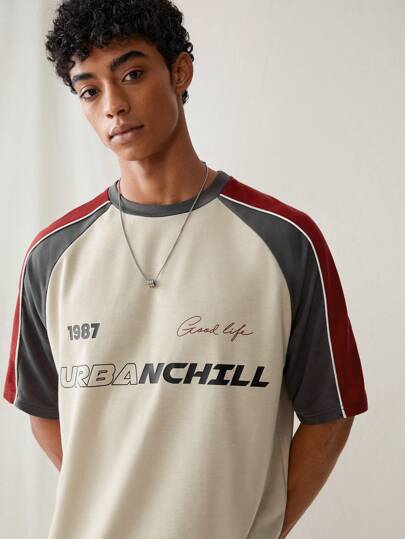 SWAVVY Men Knitted Fashionable Casual Loose Letter Graphic Color Block Short Sleeve T-Shirt With Patchwork And Printed Pattern, Suitable For Daily Wear, For Going Out, Vintage Baseball T-Shirt, For Friends, Summer, Fall