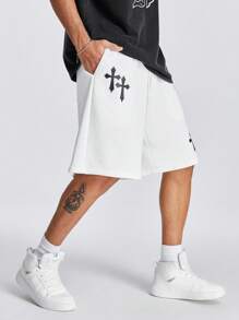 Manfinity RebelGame Pantaloncini da uomo larghi in maglia con stampa incrociata, perfetti per l'estate