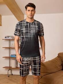 Men Plaid Print Short Sleeve Top & Shorts PJ Set / Pajama Set