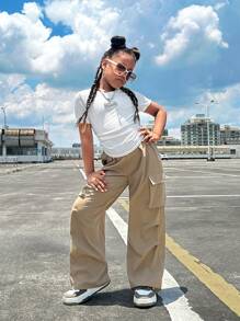 SHEIN Girlism 2pcs Tween Girls' Ribbed Ruched Short Sleeve T-Shirt And Casual Pocket Pants Set, Back To School Outfit - Khaki - View 3