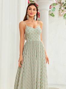 Mgiacy Spaghetti Strap Chiffon Embroidered Dress With Fixed Positioning And Large Swing - Green - View 3