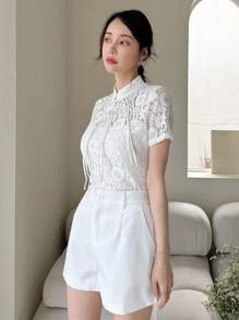 EastFlair Women's Solid Color Simple Lace Chinese Style Top For Daily Wear - White - View 4