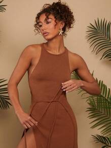 Travachic Vestido con cordón delantero de muslo con abertura - Café integral - Ver 4