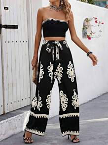 INAWLY Bộ áo quây và quần ống rộng ngày lễ phong cách Bohemian dành cho nữ - màu đen - Xem 4