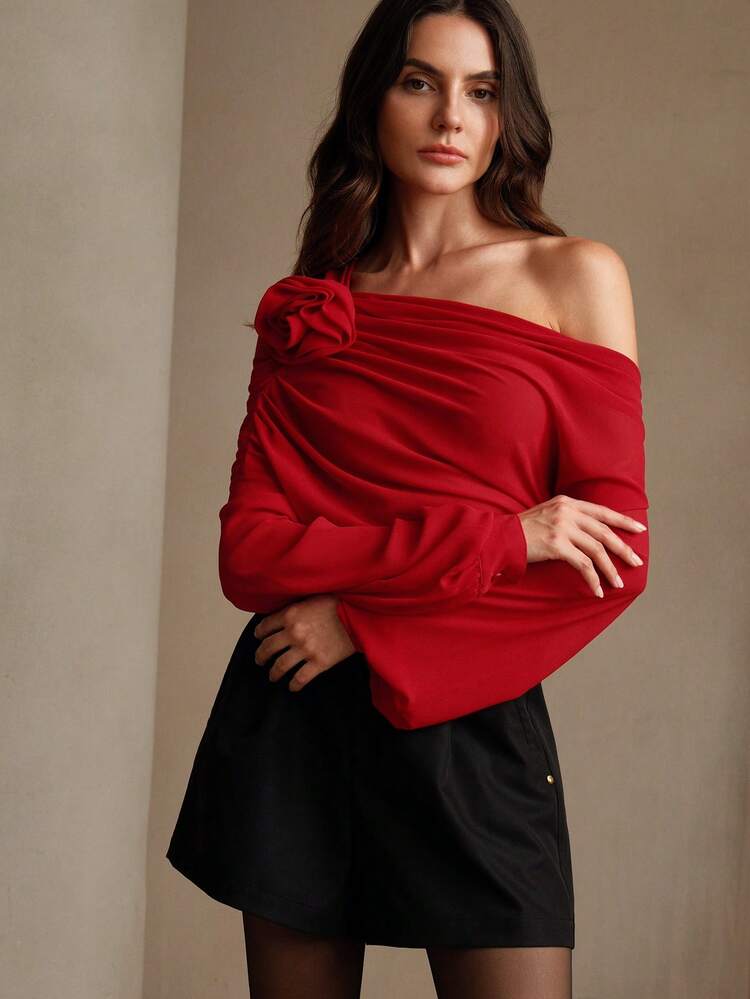 Elegant & Soft Open Shoulder Chiffon Women's Blouse With 3D Floral Decoration One Shoulder Top