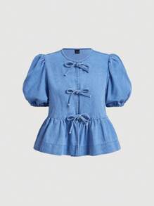 SHEIN MOD 90 年代时尚女士复古服装、圆领衬衫、泡泡袖甜美蓝色牛仔短袖上衣、蝴蝶结衬衫、返校服装、秋装、巡游女装、女士衬衫、秋季上衣、泡泡衬衫、蝴蝶结衬衫、校服衬衫、浅蓝色衬衫、返校节衬衫、生日服装