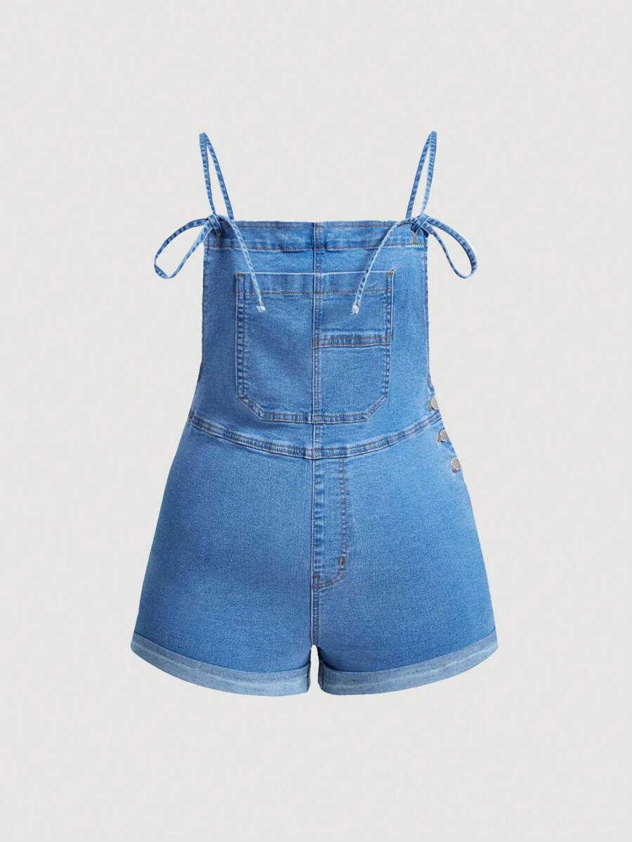 SHEIN MOD Plus Size Women's Denim Tight Elastic Skinny Strap Rompers,Work Women Back To School Clothes,Casual Women Teacher Romper, Curve Plus,Blue - Light Wash - View 1