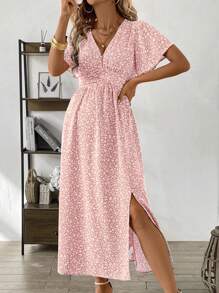 SHEIN Clasi 有口袋的花卉印花V領洋裝，荷葉袖和側面開衩 - 粉色 - 查看 3