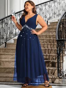 Cravure Đầm lưới đơn giản và thanh lịch hàng ngày màu trơn cỡ lớn dành cho nữ Maxi trang phục cưới cho nữ - Màu xanh hải quân - Xem 4