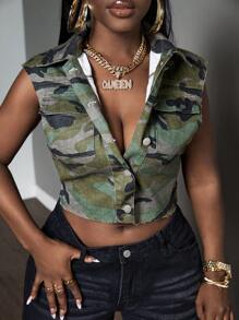 SHEIN Slayr Camo Print Button Front Crop Denim Vest - Army Green - View 5