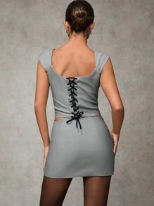 SHEIN BAE Old Money Style Grey Two-Piece Set, Office Siren Style, Business Women Clothes, Matching Outfits - Grey - View 4