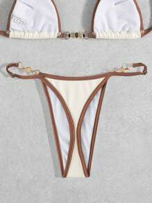 SHEIN Swim Ring Contrast Binding Summer Beach Bikini Bottom - Apricot - View 4
