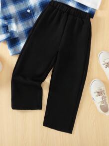 Nueva llegada para la temporada del regreso a clases de niñas: conjunto de 3 piezas con camisa a cuadros azul, top blanco y pantalones negros. Con un ajuste holgado, estilo a la moda, popular y de estilo sencillo, es adecuado para el estilo casual y escolar, ideal para otoño e invierno