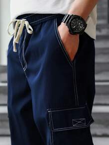 Manfinity Homme 男士纯色简约日常风格抽绳工装裤，男士宽松工装牛仔裤，男士宽松直筒休闲裤，秋季 - 藏蓝色 - 查看 3