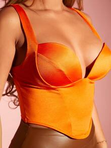 SHEIN SXY 华丽性感夜店加垫内置胸罩衬垫胸垫可拆卸衬垫胸杯不可拆卸衬垫女士橙色高弹锻造面料甜心领不对称下摆紧身胸衣背心 - 橘色 - 查看 4