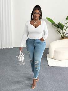 Slaydiva Plus Size Vai thông thường Cổ chữ V cơ bản Slim Fit Áo dài tay màu trắng, trang phục thường ngày và hàng ngày, Mùa hè/Mùa đông/Mùa thu, Áo cổ lọ nửa cổ-C - trắng - Xem 1