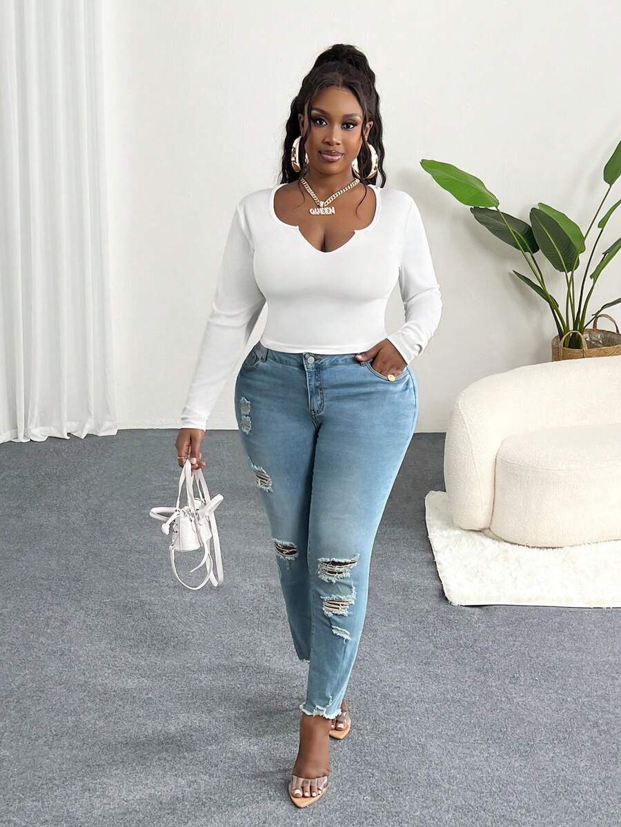 Slaydiva Plus Size Vai thông thường Cổ chữ V cơ bản Slim Fit Áo dài tay màu trắng, trang phục thường ngày và hàng ngày, Mùa hè/Mùa đông/Mùa thu, Áo cổ lọ nửa cổ-C - trắng - Xem 1