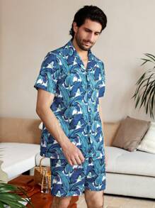 Manfinity Underwear&Sleepwear Basics 男款隨機印花短袖T恤和短褲家居套裝 - 藍色 - 查看 4