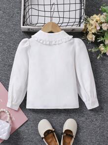 SHEIN 年輕女孩1件白色荷葉邊泡泡袖襯衫，返校季、大學風格、日常穿著 - 白色 - 查看 2