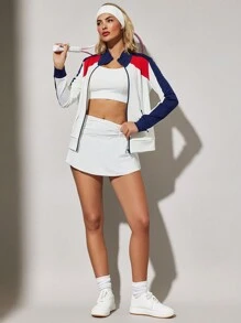 VARSITIE 撞色拼接高领长袖拉链女式运动夹克 - 彩色 - 查看 6