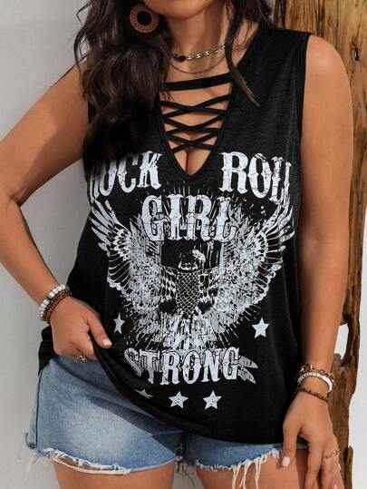 Vionelle Plus Size Eagle Letter Printed Hollow Out Vacation & Casual Tank Top, For Summer