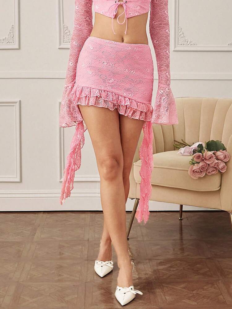 Lace Draped Ruffle Asymmetric Skirt