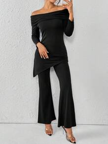 SHEIN Privé Women's Off Shoulder Top And Flared Pants - Black - View 4