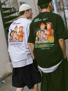 Men's Summer Slogan Character Printed Round Neck Short Sleeve Casual T-Shirt And Drawstring Waist Shorts Set - White - View 4