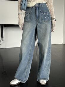 FRIFUL 高腰寬腳牛仔褲 - 中等水洗藍 - 查看 4