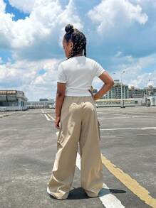 SHEIN Girlism 2pcs Tween Girls' Ribbed Ruched Short Sleeve T-Shirt And Casual Pocket Pants Set, Back To School Outfit - Khaki - View 2