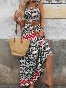 Breezaya Bohemian Vacation Printed Ruffle Strap Bodycon Dress - Multicolor - View 1