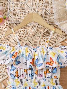 Young Girl's Woven Butterfly Pattern Off Shoulder Ruffle Hem Holiday Dress - White - View 5
