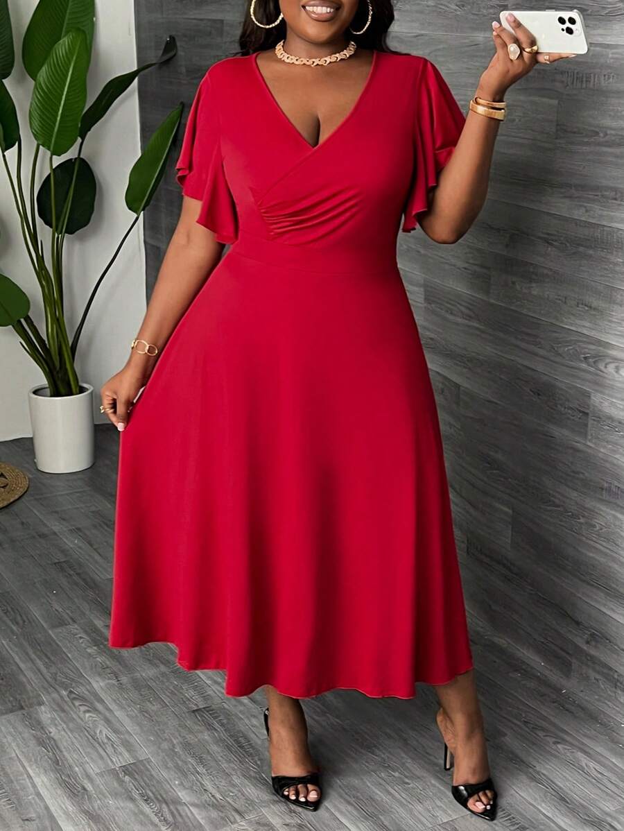 Slaydiva Plus Size Elegant & Party & Daily Wear Slim Fit A-Line Dress With Cross Neckline, Ruffled Sleeves And Flounce Hem Women's Midi Dress, Spring/Summer - C - Red - View 1